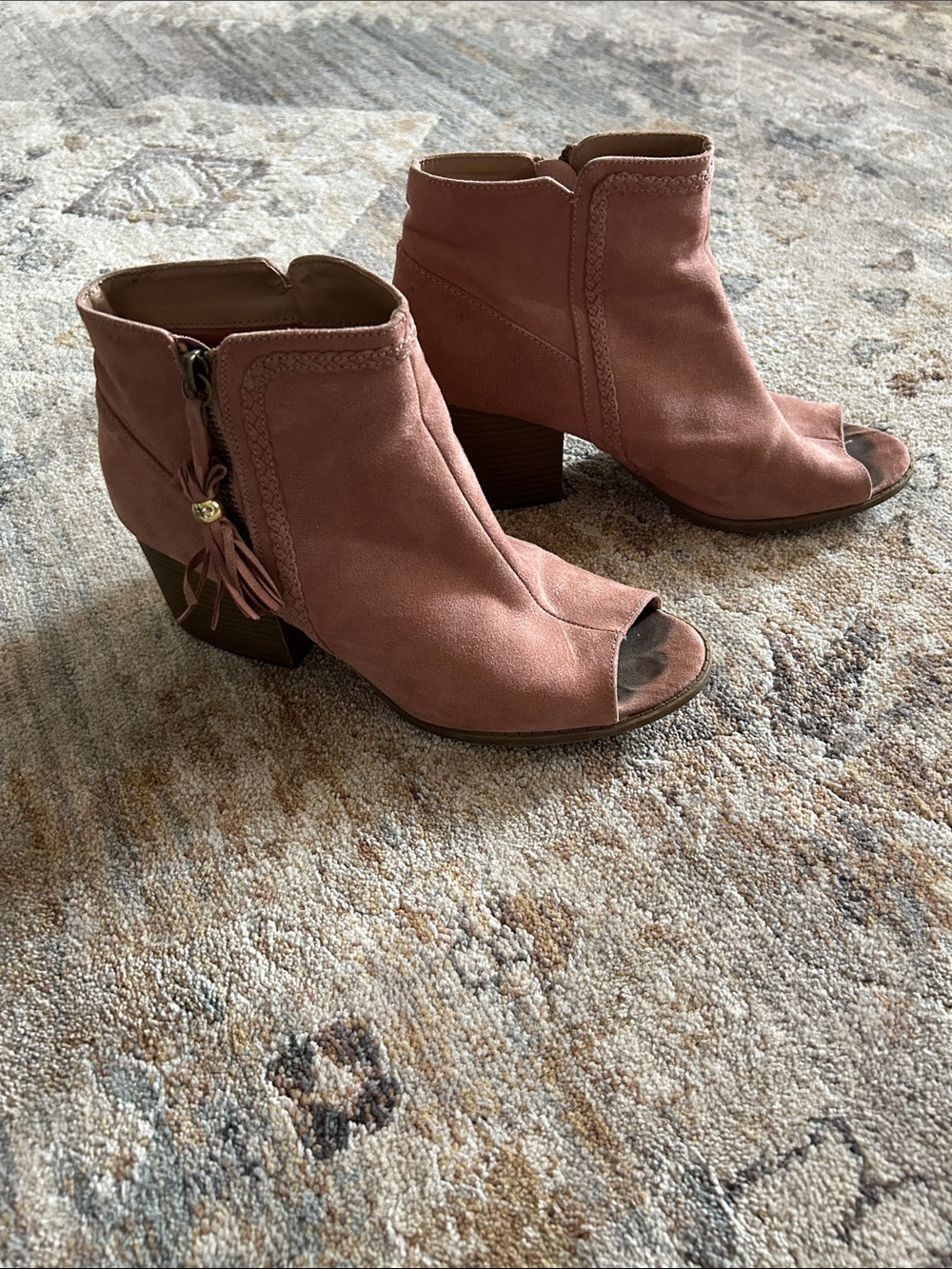 Qupid Mauve Pink Suede Peep-Toe Ankle Booties with Tassel